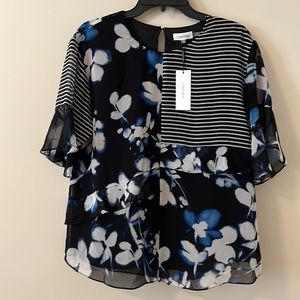 NWT, Calvin Klein Top, Black, Blue and Gray Print, Size Large